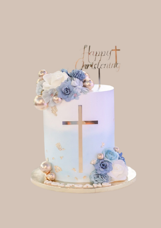 Gâteau de baptême bleu beige